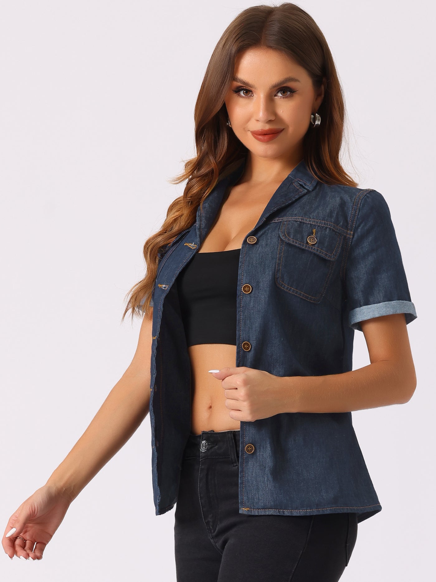 Allegra K Button Up Collared Short Sleeve Pocket Classic Denim Shirt