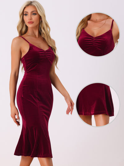 Spaghetti Straps V Neck Fishtail Cocktail Velvet Midi Dress