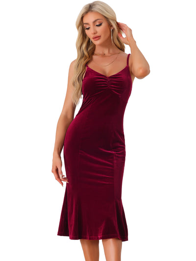 Spaghetti Straps V Neck Fishtail Cocktail Velvet Midi Dress