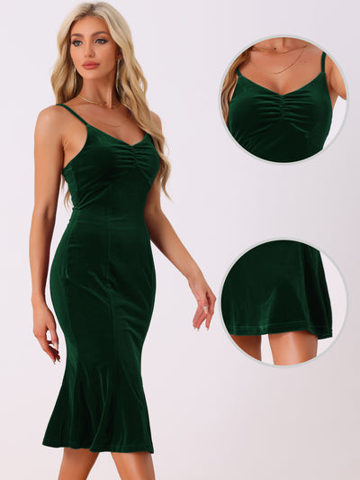 Spaghetti Straps V Neck Fishtail Cocktail Velvet Midi Dress