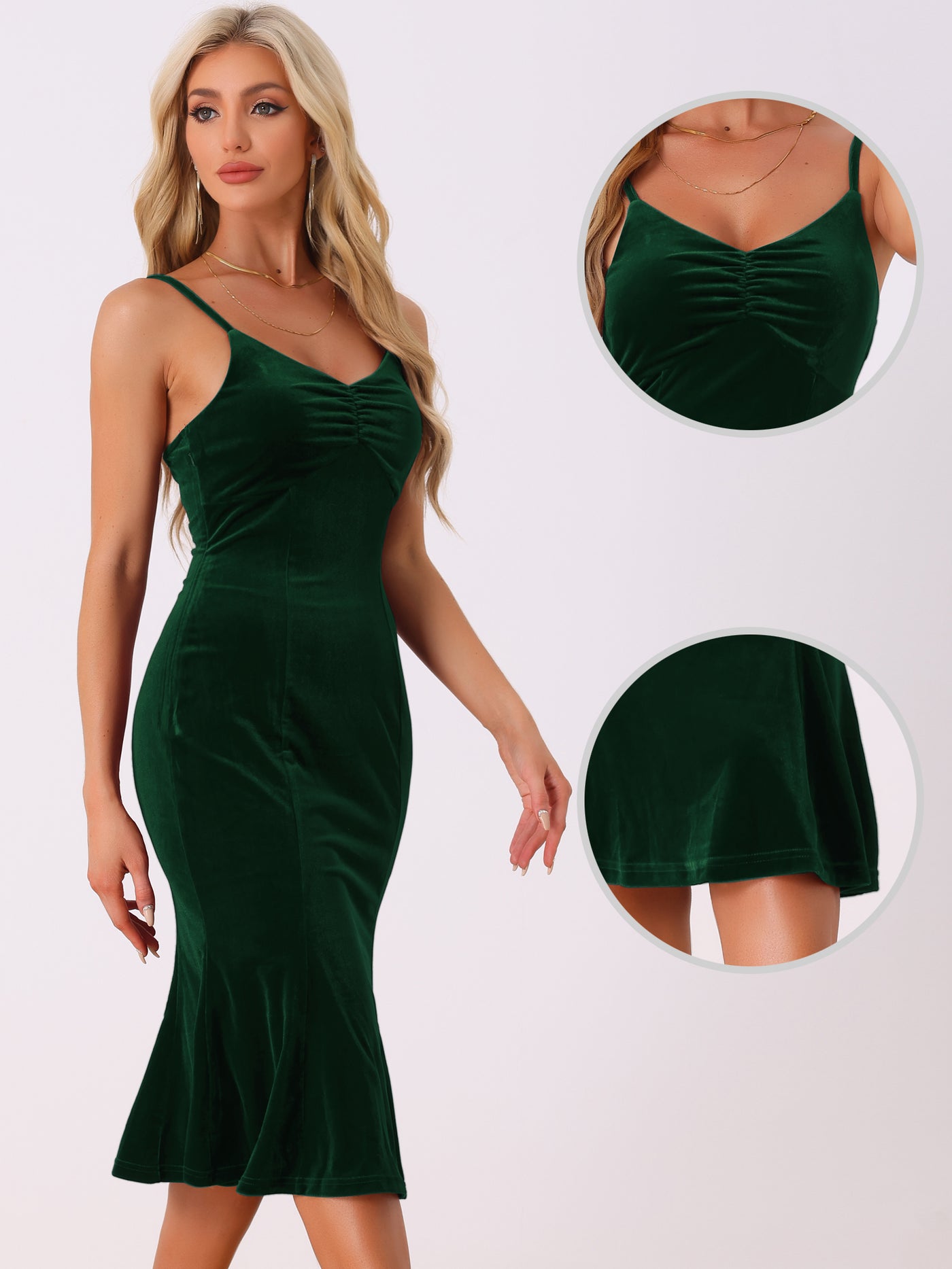 Allegra K Spaghetti Straps V Neck Fishtail Cocktail Velvet Midi Dress