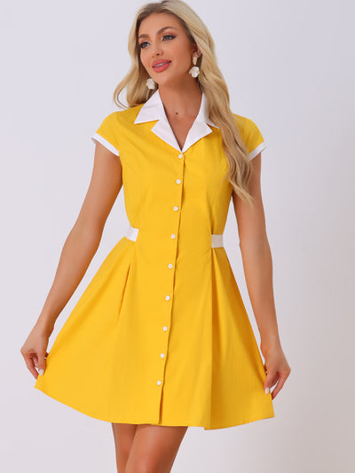 Retro Button Down Flat Collar Belted Office Mini Shirt Dress