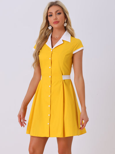 Retro Button Down Flat Collar Belted Office Mini Shirt Dress