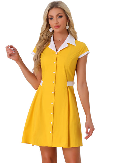 Retro Button Down Flat Collar Belted Office Mini Shirt Dress