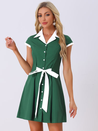 Retro Button Down Flat Collar Belted Office Mini Shirt Dress