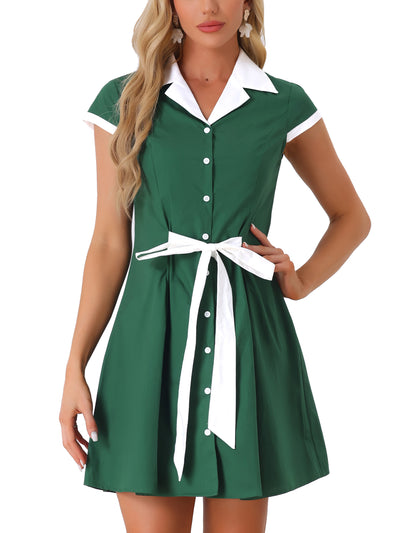 Retro Button Down Flat Collar Belted Office Mini Shirt Dress