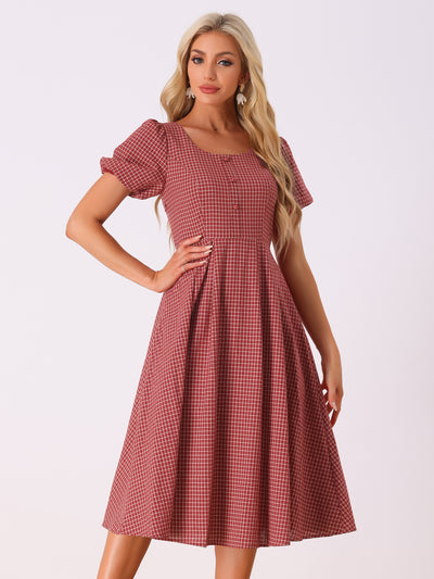 Plaid Summer Pleated Back Button Decor Puff Sleeve Midi Dress