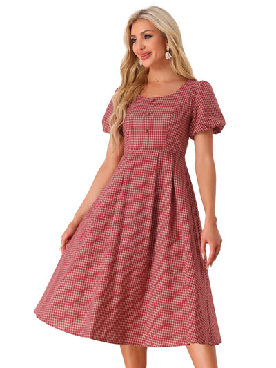 Plaid Summer Pleated Back Button Decor Puff Sleeve Midi Dress