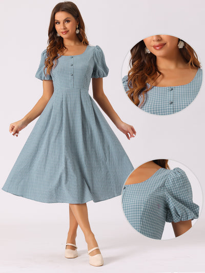 Plaid Summer Pleated Back Button Decor Puff Sleeve Midi Dress