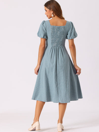 Plaid Summer Pleated Back Button Decor Puff Sleeve Midi Dress