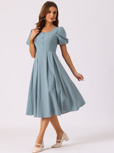 Plaid Summer Pleated Back Button Decor Puff Sleeve Midi Dress