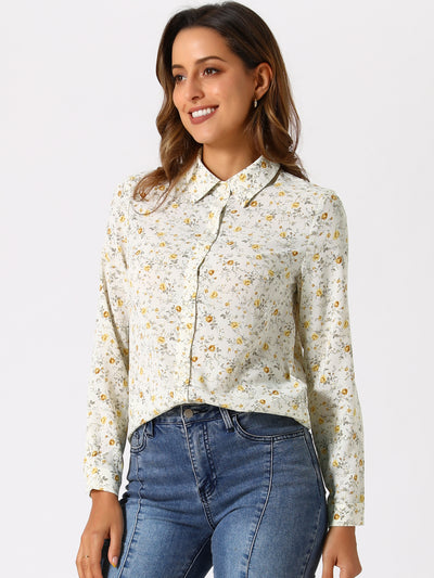 Allegra K Button Down Floral Long Sleeve Point Collar Blouse