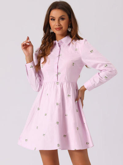 Casual Long Sleeve Half Placket Embroidered Floral Mini Shirt Dress