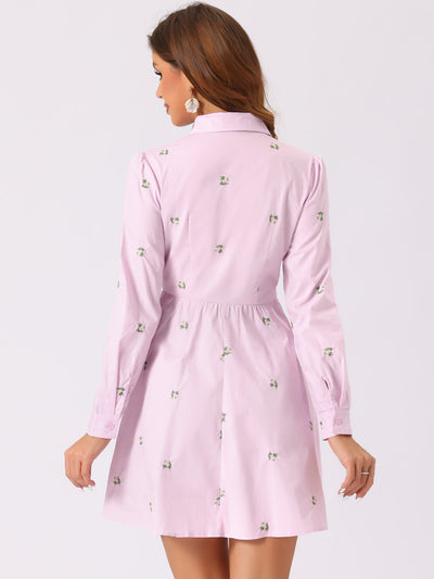 Casual Long Sleeve Half Placket Embroidered Floral Mini Shirt Dress