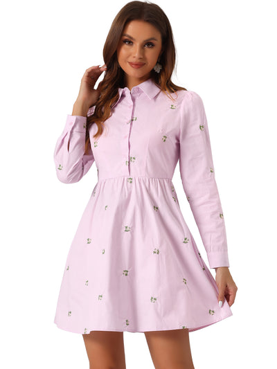 Casual Long Sleeve Half Placket Embroidered Floral Mini Shirt Dress