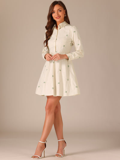 Casual Long Sleeve Half Placket Embroidered Floral Mini Shirt Dress