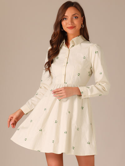 Casual Long Sleeve Half Placket Embroidered Floral Mini Shirt Dress