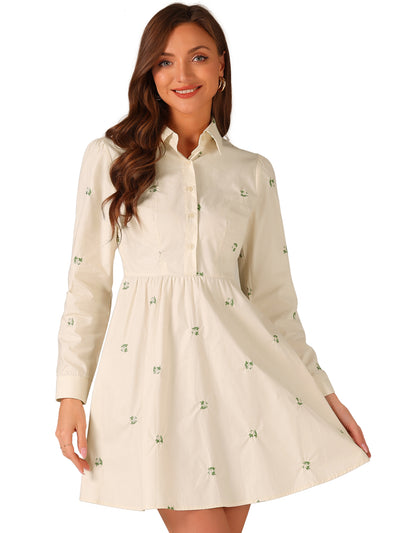 Casual Long Sleeve Half Placket Embroidered Floral Mini Shirt Dress