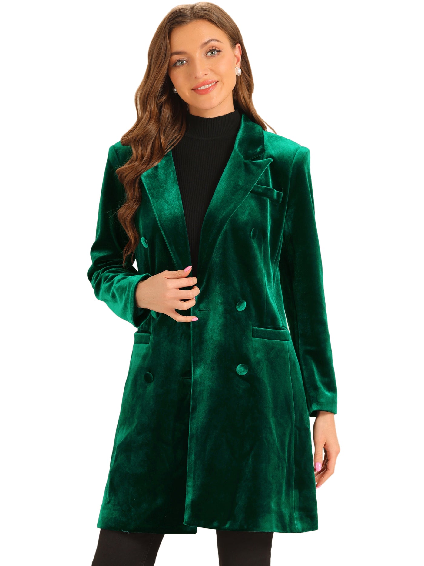 Allegra K Velvet Notched Lapel Double-Breasted Long Outerwear Winter Coats