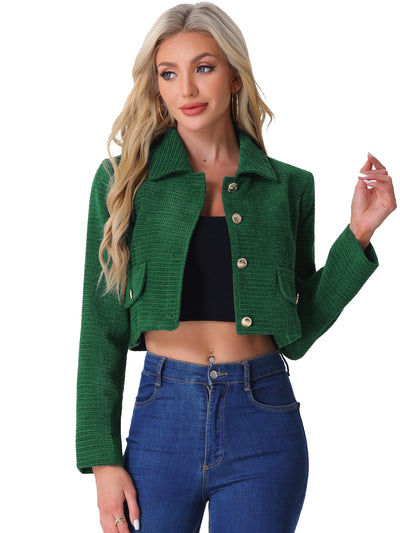 Tweed Collar Long Sleeve Button Down Cropped Jacket