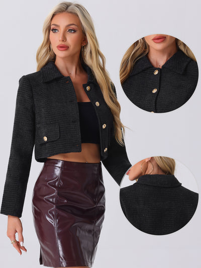 Tweed Collar Long Sleeve Button Down Cropped Jacket