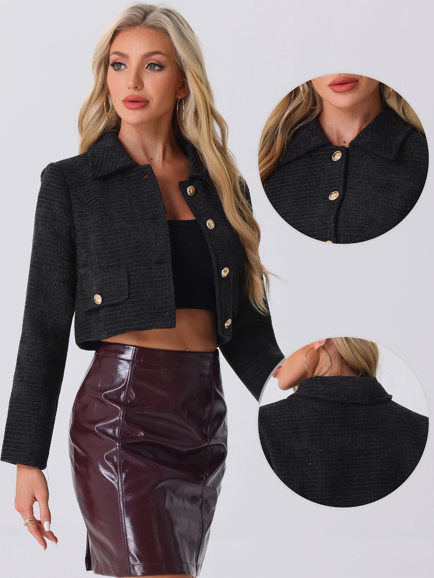 Allegra K Tweed Collar Long Sleeve Button Down Cropped Jacket