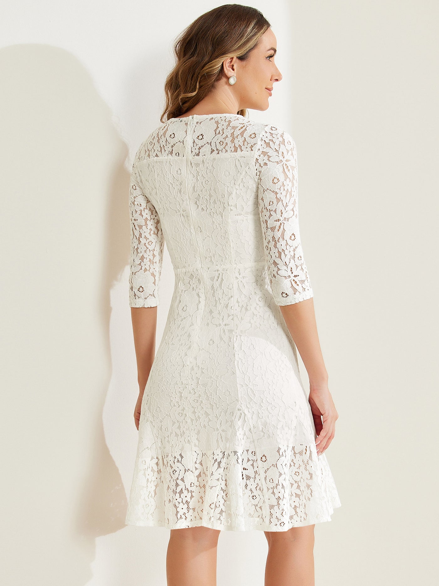 Allegra K Elegant Lace 3/4 Sleeves Ruffles Bodycon Fishtail Dress