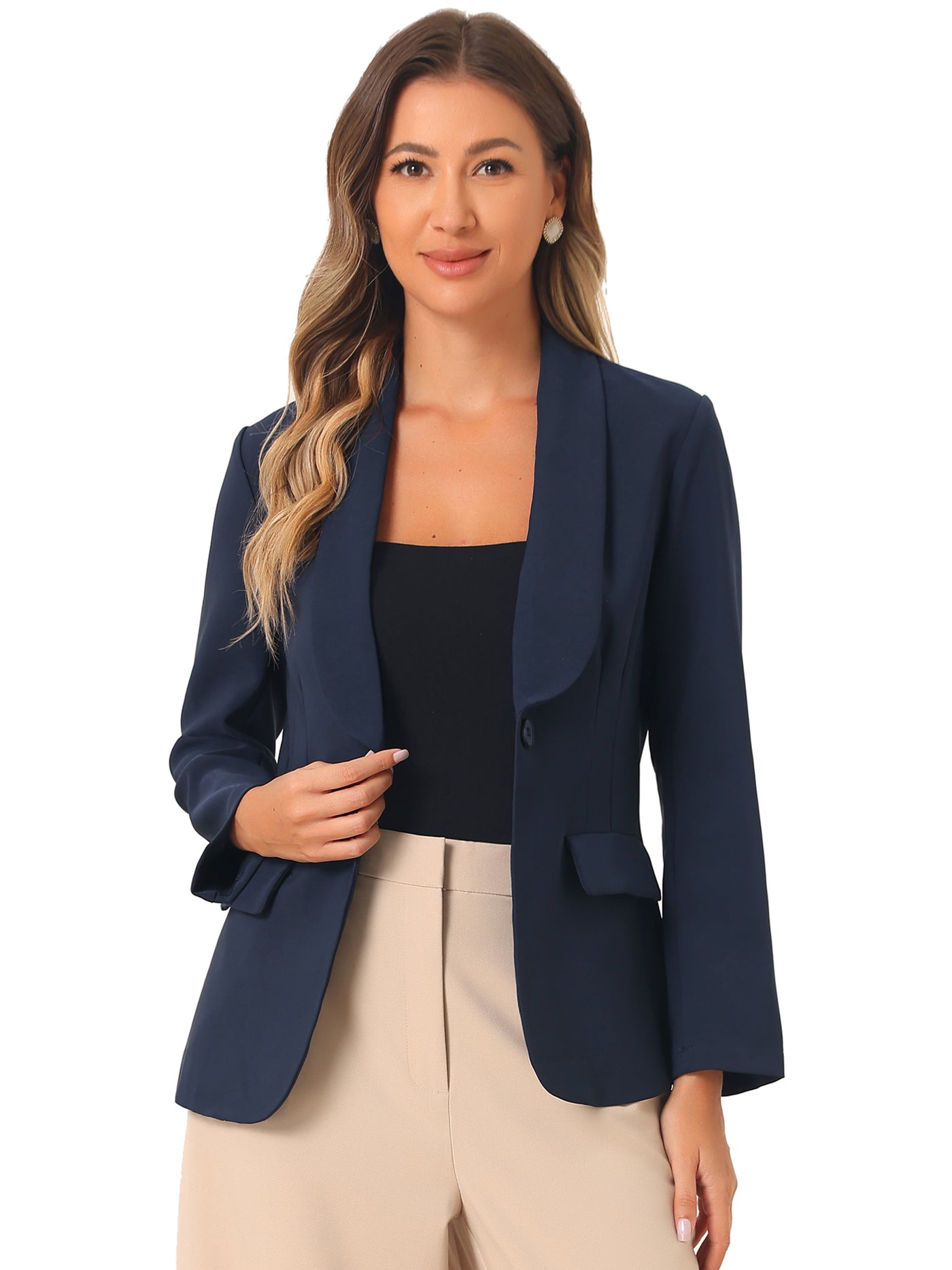 Allegra K Work Shawl Collar Long Sleeve Pockets Office Jacket Blazer