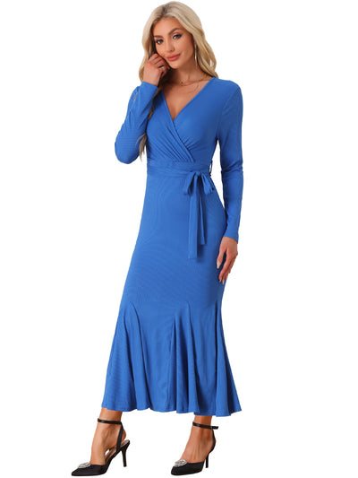 Solid Belted Long Sleeves Bodycon Fishtail Mermaid Maxi Dress