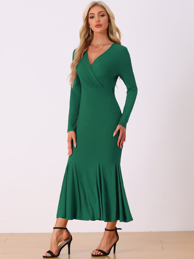 Solid Belted Long Sleeves Bodycon Fishtail Mermaid Maxi Dress