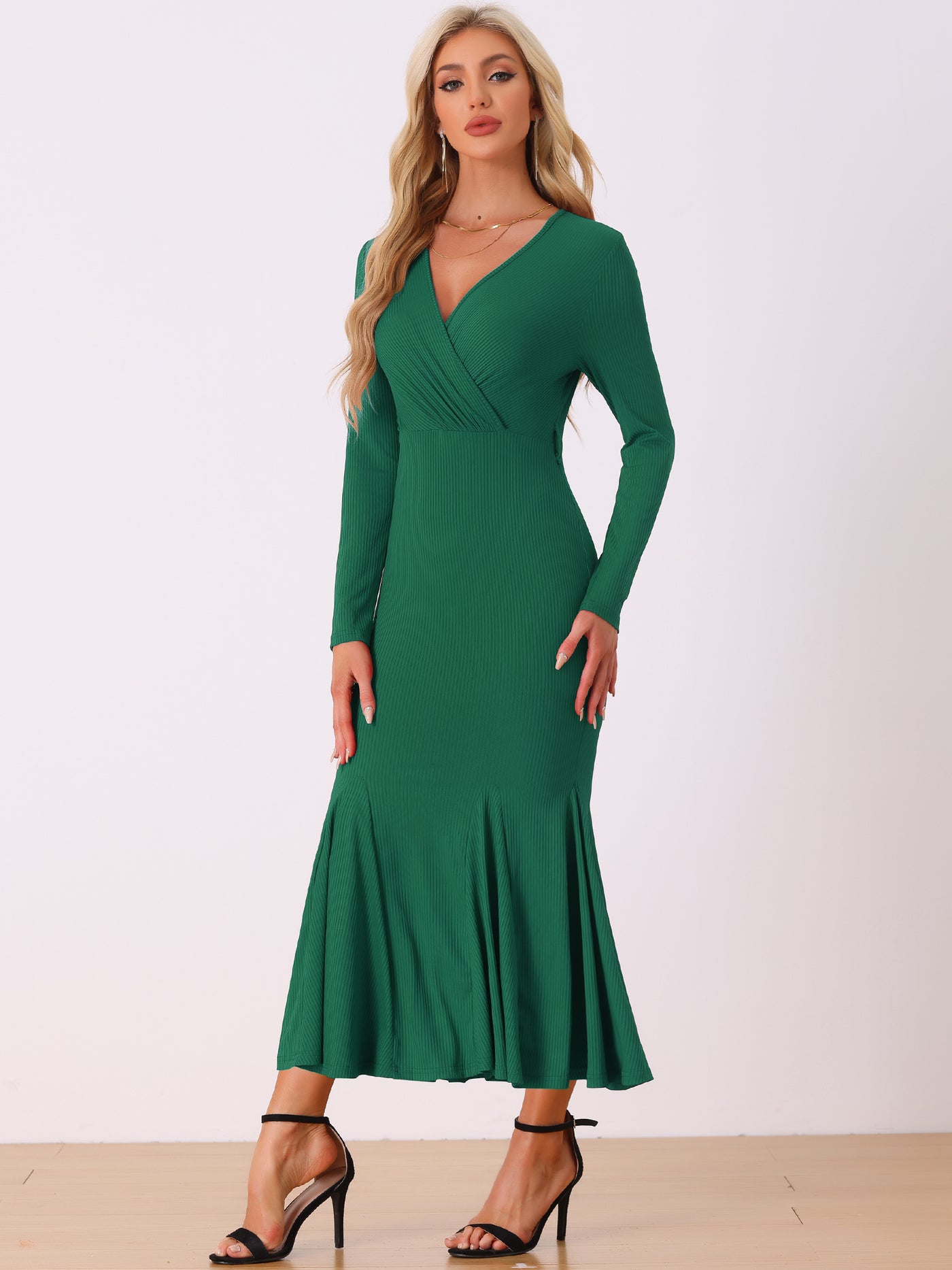 Allegra K Solid Belted Long Sleeves Bodycon Fishtail Mermaid Maxi Dress