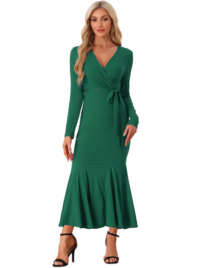 Solid Belted Long Sleeves Bodycon Fishtail Mermaid Maxi Dress