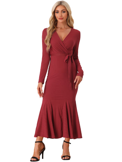 Solid Belted Long Sleeves Bodycon Fishtail Mermaid Maxi Dress