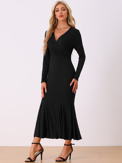 Solid Belted Long Sleeves Bodycon Fishtail Mermaid Maxi Dress