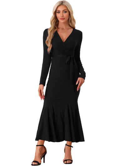 Solid Belted Long Sleeves Bodycon Fishtail Mermaid Maxi Dress