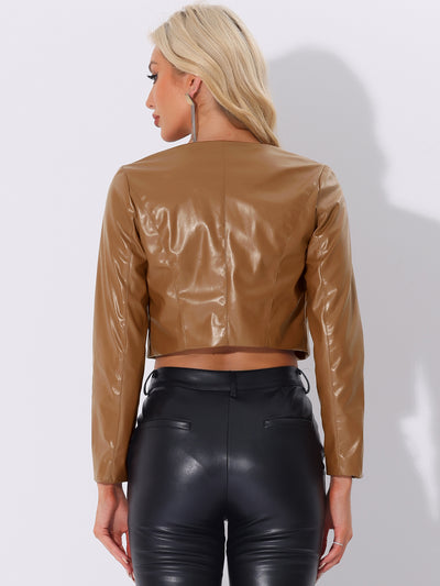 Cropped Jacket Faux PU Leather Long Sleeve Coat