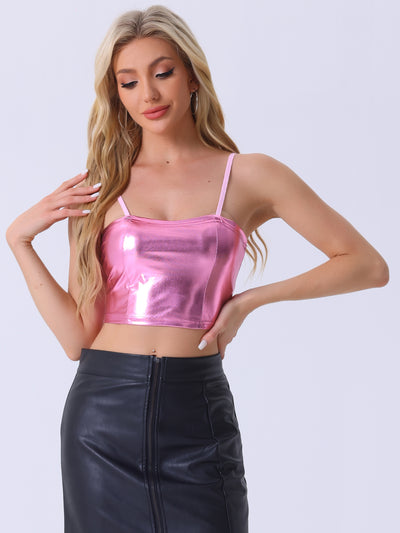 Women's Spaghetti Strap Tank Top Sleeveless Festival Party Clubwear Sparkly Shiny Metallic Crop Cami Top