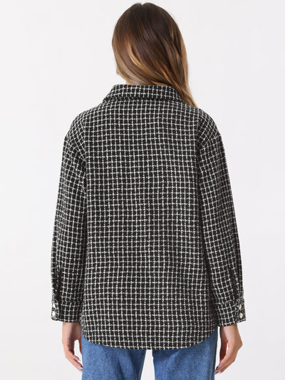 Tweed Plaid Long Sleeves Loose Fit Shirt Jacket Shacket