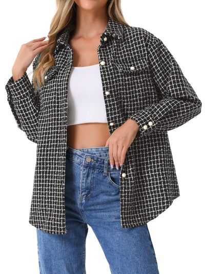 Tweed Plaid Long Sleeves Loose Fit Shirt Jacket Shacket