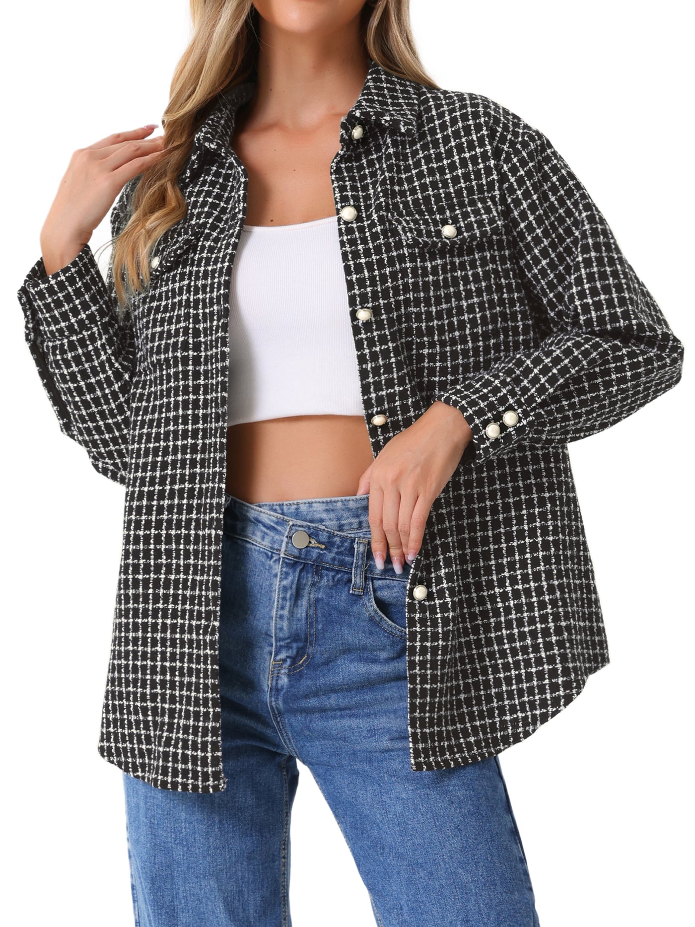 Allegra K Tweed Plaid Long Sleeves Loose Fit Shirt Jacket Shacket