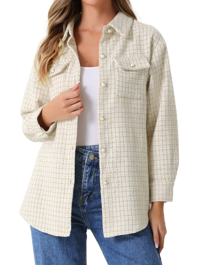 Tweed Plaid Long Sleeves Loose Fit Shirt Jacket Shacket