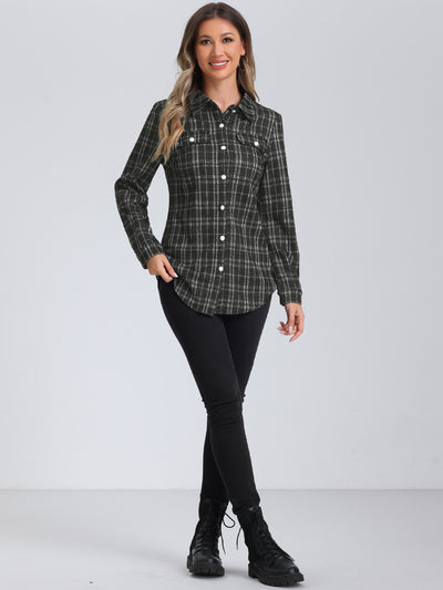 Long Sleeves Button Down Plaid Tweed Shackets Shirt