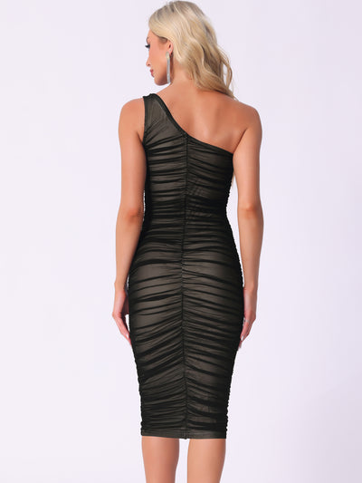 One Shoulder Sleeveless Mesh Ruched Bodycon Midi Dress