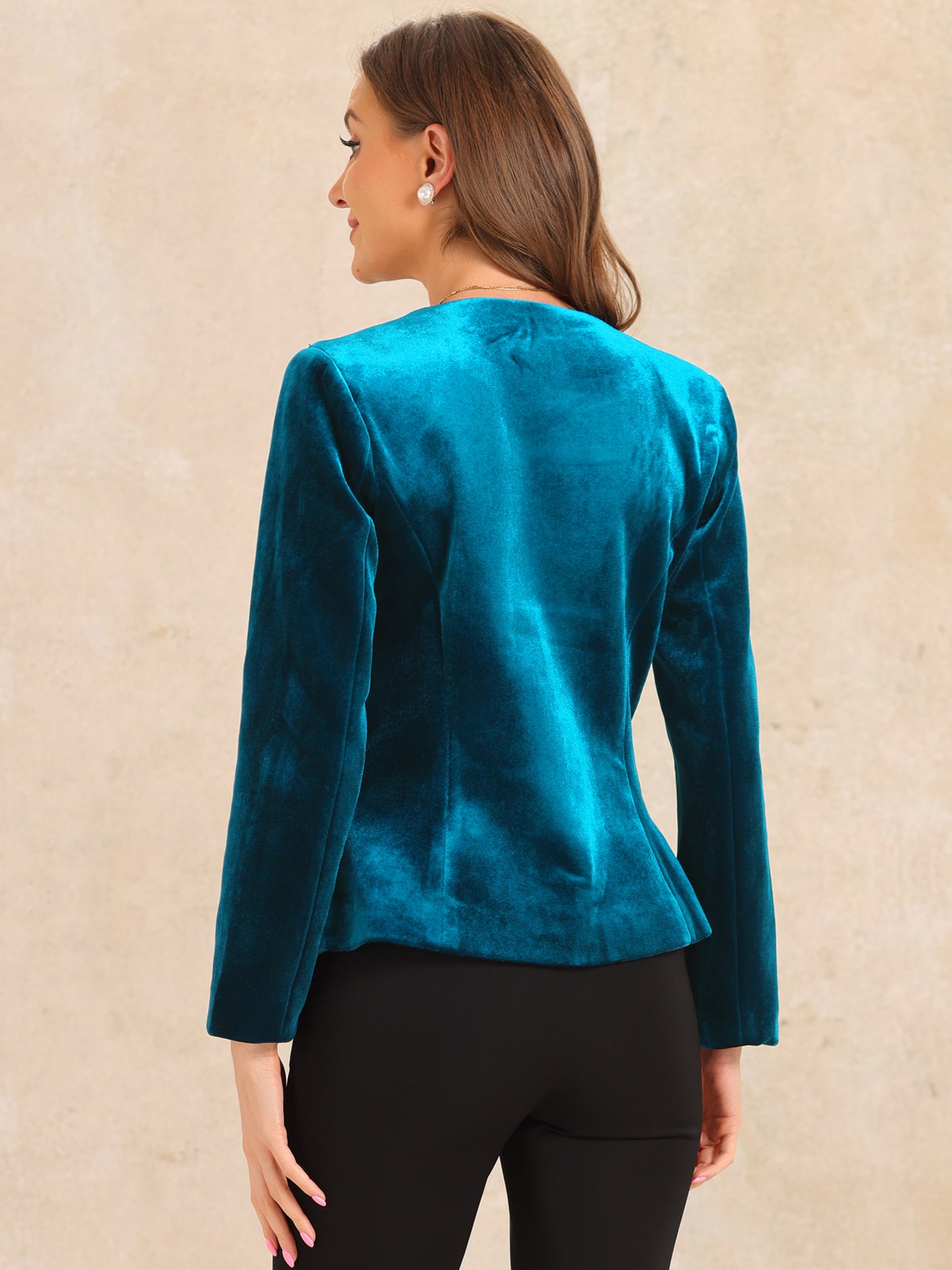 Allegra K Velvet Long Sleeves Shoulder Pads Pockets Blazer Jackets