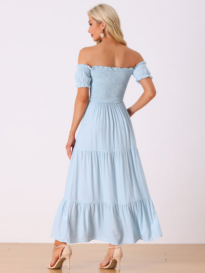 Smocked Tiered Off Shoulder Puff Sleeves Ruffle Maxi Dress