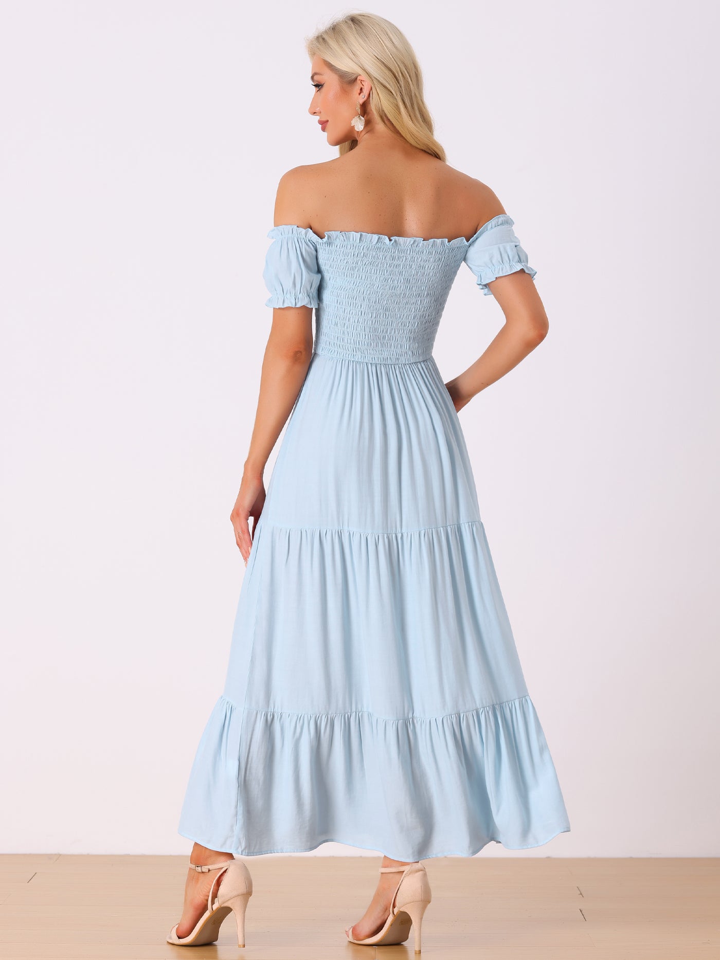 Allegra K Smocked Tiered Off Shoulder Puff Sleeves Ruffle Maxi Dress