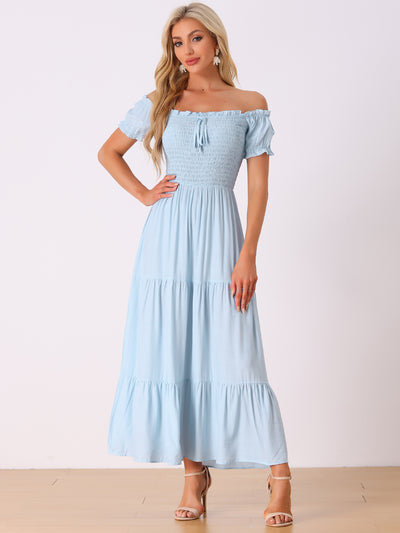 Smocked Tiered Off Shoulder Puff Sleeves Ruffle Maxi Dress