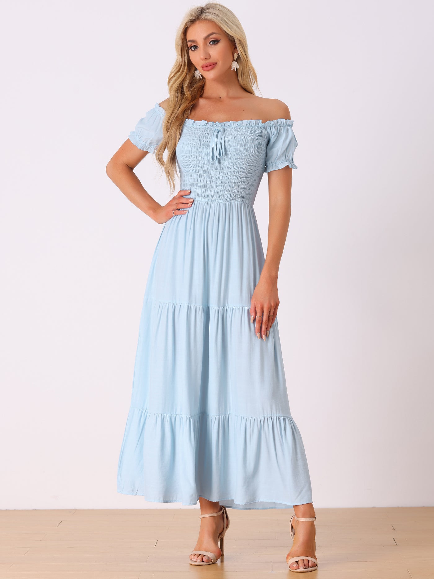 Allegra K Smocked Tiered Off Shoulder Puff Sleeves Ruffle Maxi Dress