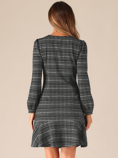 Casual Puff Sleeves Ruffle Hem Tweed Plaid Midi Dress