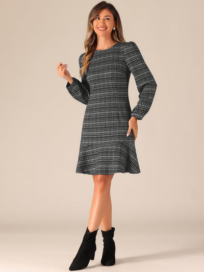 Casual Puff Sleeves Ruffle Hem Tweed Plaid Midi Dress